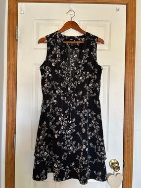 Black Floral Midi Dress with Pale Pink Bloom Accents